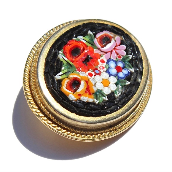 Vintage Micro Mosaic Floral Brooch Pin Gold Tone - Picture 2 of 4